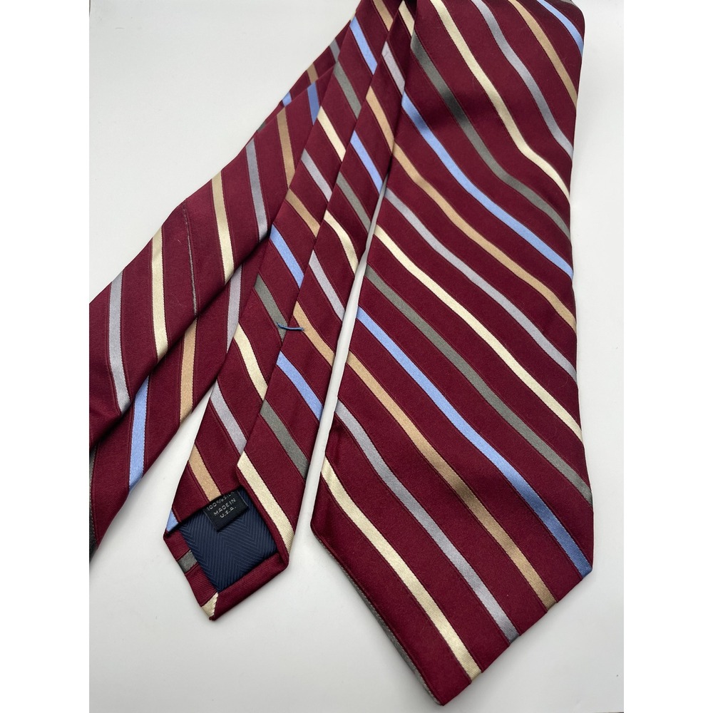 Westbury London Mens Silk Tie Burgundy Gold Blue Striped Hand Tailored USA